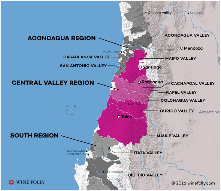 vina v Čilu zemljevid
